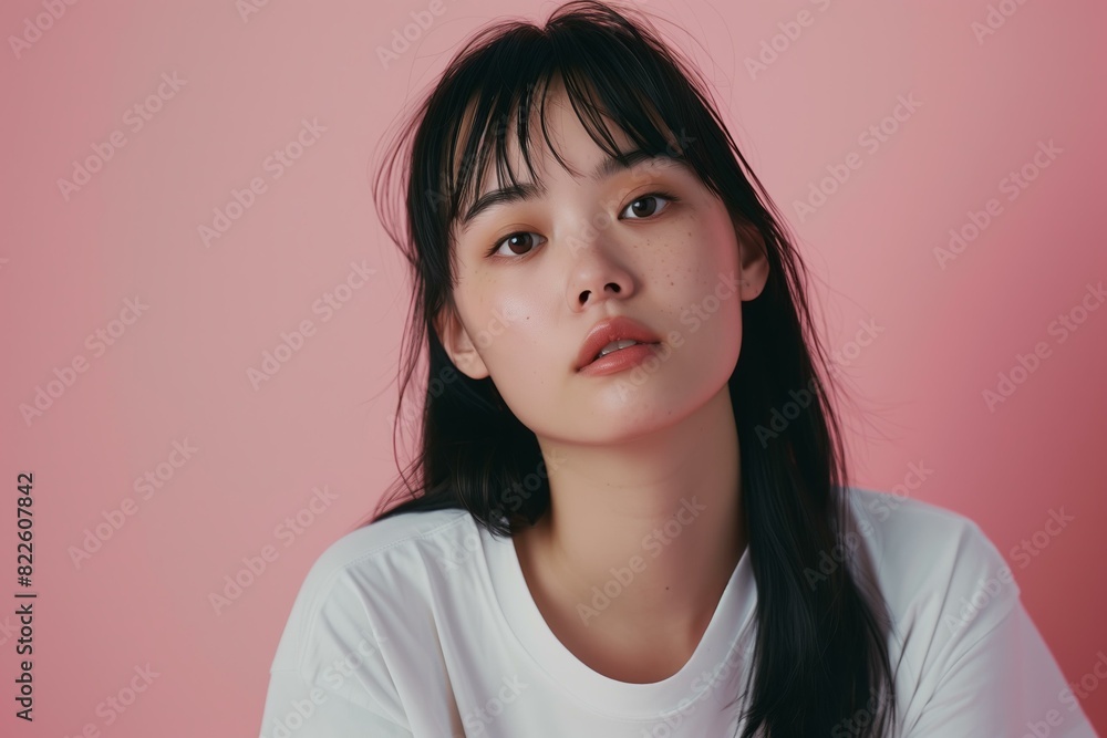 Asian woman with straight black hair, wearing a white blank t-shirt, against a pastel pink background, studio shot Asian woman with straight black hair, wearing a white blank t-shirt, against a pastel pink background, studio shot