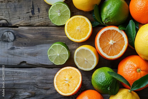 Various citrus fruits on table photo
