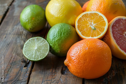 Various citrus fruits on the table photo