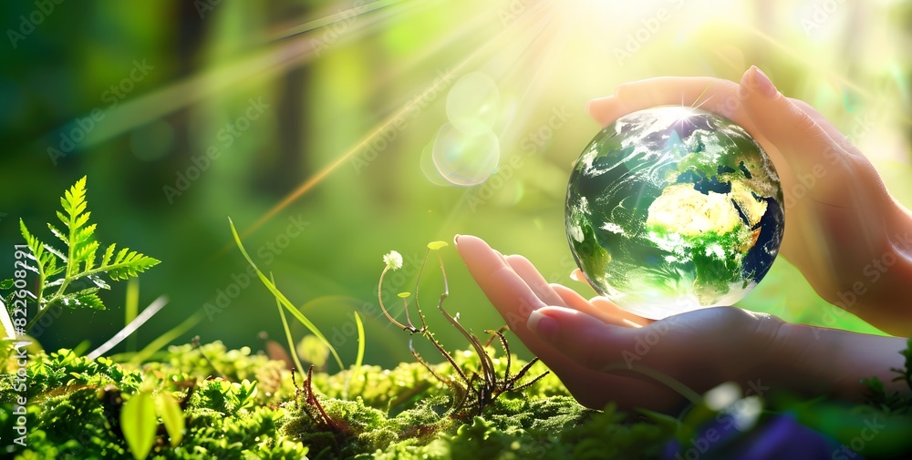 Hand Holding Glass Globe with Green Forest for Earth Day Stock Photo ...