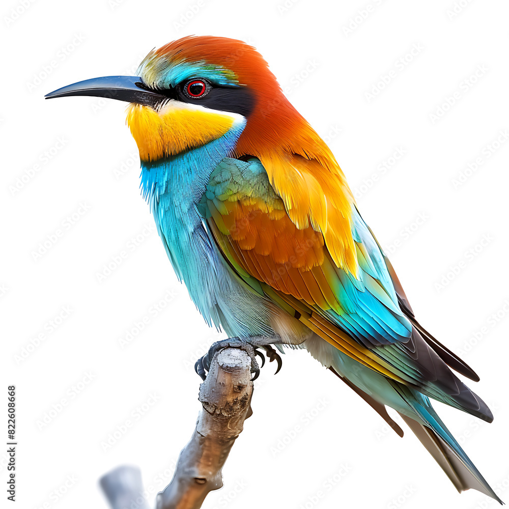 Fototapeta premium Bee-eater bird, Merops apiaster, vibrant colorful bird, portrait, close-up, isolated on white