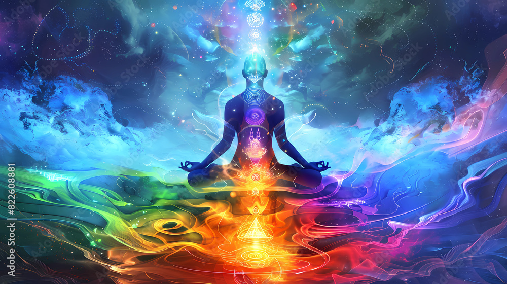 Obraz premium Life Force Energy, concept of chakras and cosmic energies, Spirituality and Expanded Awareness, Consciousness 