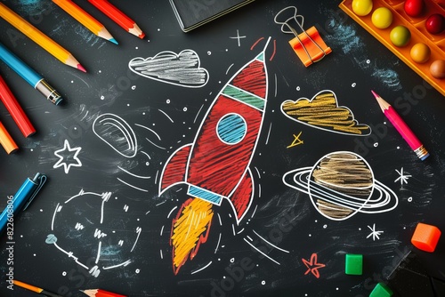 Drawing of a rocket on chalkboard photo