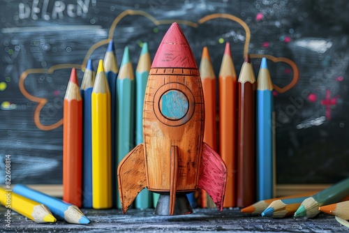 Brightly colored pencils and wooden rocket on table