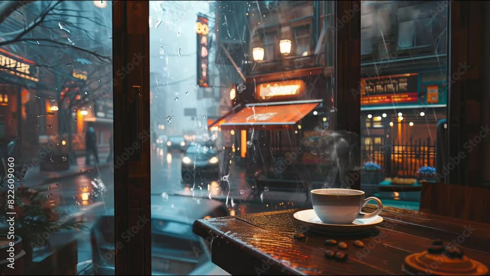 A lofi view of hot Cup of coffee on Table against city street view from window in Rain - Loop Music Video Wallpaper Template