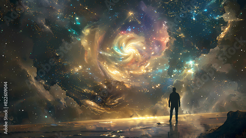 Man stands on the edge of the galaxy, Life Force Energy, Spirituality and Expanded Awareness, Consciousness and awakening 