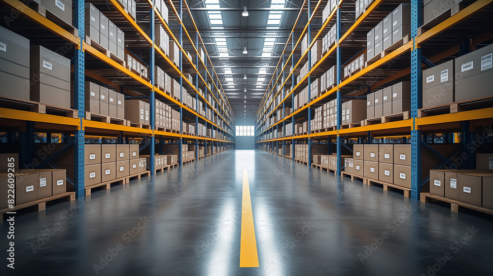 Modern warehouse with high racking system for goods and boxes on shelves in large factory or storage center, wide angle, 3d rendering illustration, blue yellow color scheme Modern warehouse with high racking system for goods and boxes on shelves in large factory or storage center, wide angle, 3d rendering illustration, blue yellow color scheme