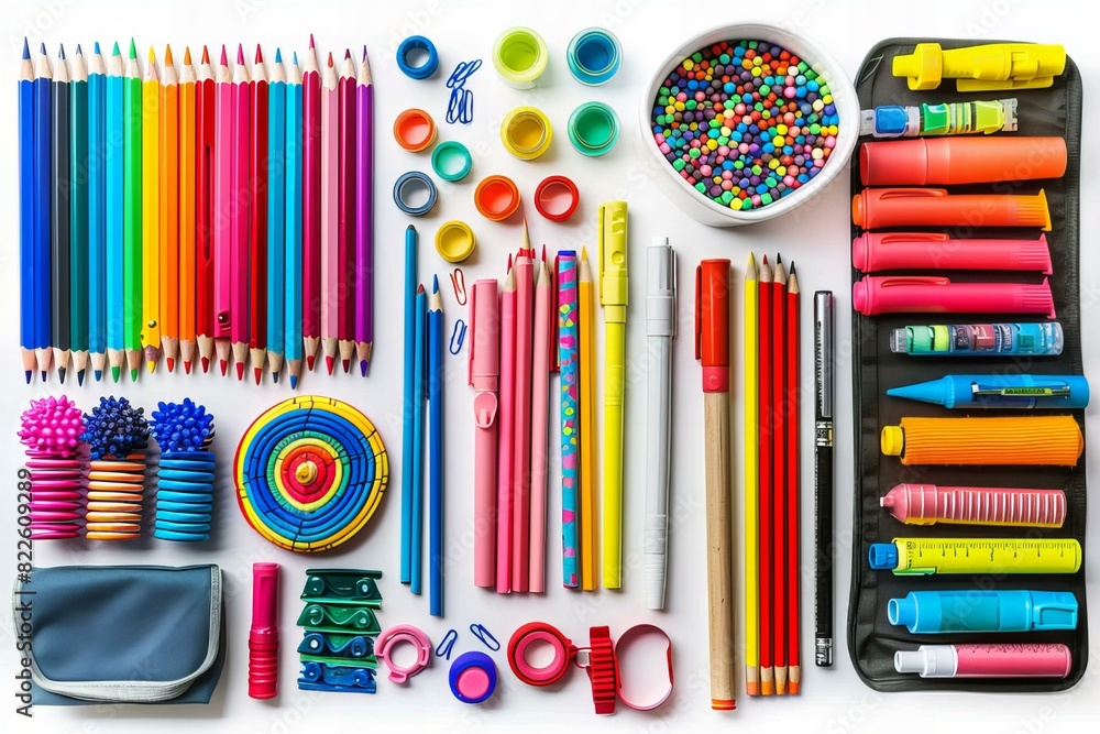 Obraz premium Close up of various colored pencils and pens