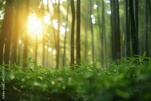 Sunlight filters through trees onto lush green grass