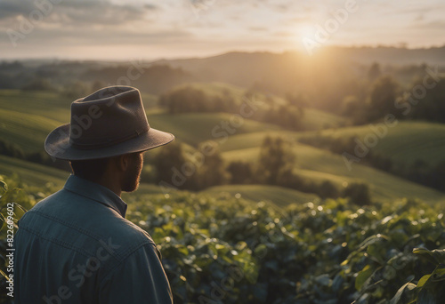  portrait of a farmer with hat through a downhill coffee field at sunrise, dijital art style.
 photo