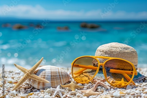 Two hats sunglasses beach shells sand photo