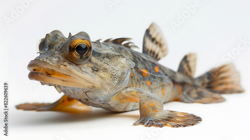 Mudskipper, Periophthalmus, an unusual fish coming onto land, portrait, close-up, isolated on white  photo