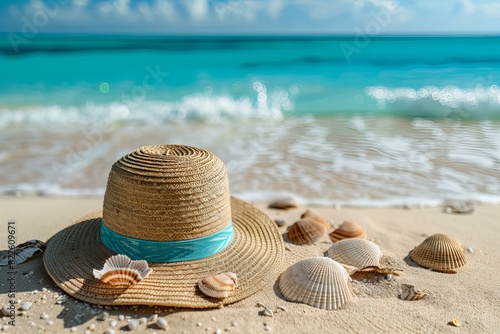 Hat and seashells on a beach with a turquoise ribbon