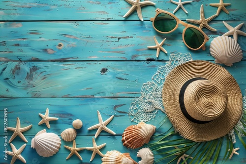 Blue wooden surface with hat, sunglasses, palm leaf, starfish, and net photo