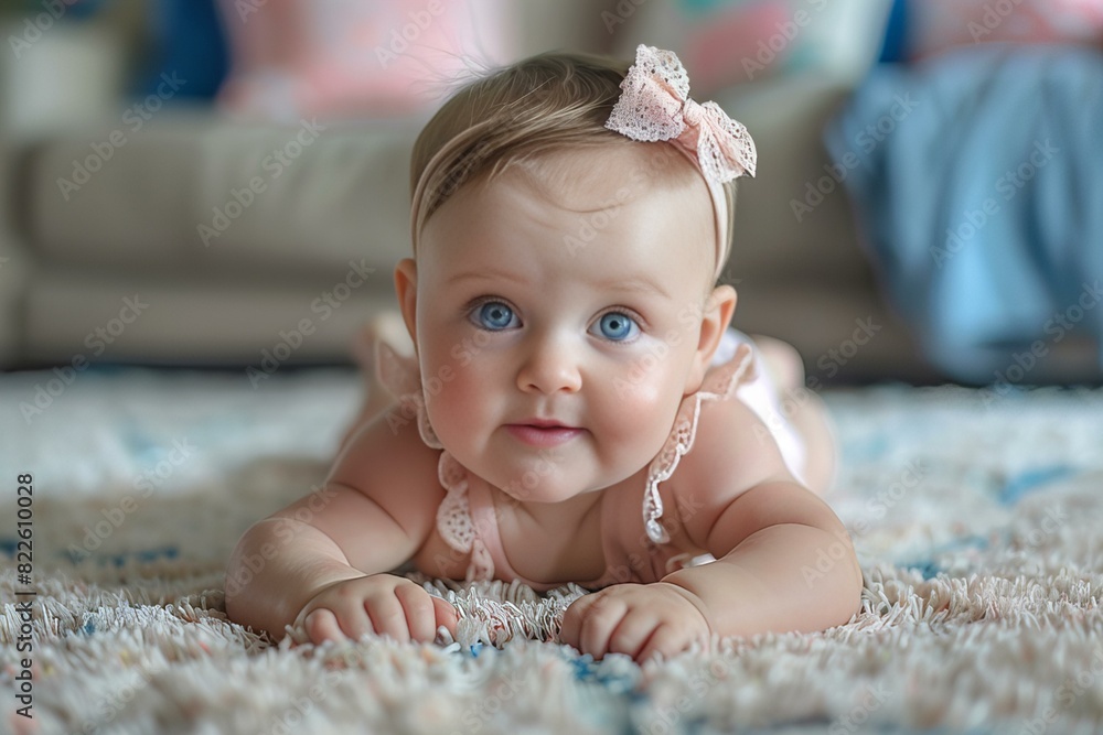 Baby girl lying stomach carpet Baby girl lying stomach carpet
