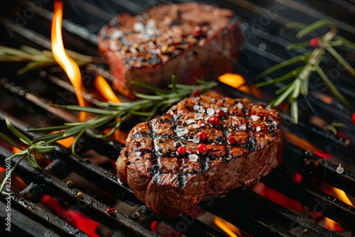 Two steaks sizzling on grill flames photo