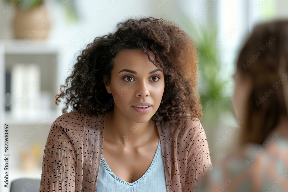 Two women chatting, one with curly hair and blue shirt Two women chatting, one with curly hair and blue shirt