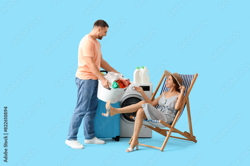 custom made wallpaper toronto digitalYoung woman on vacation and her husband doing laundry on blue background