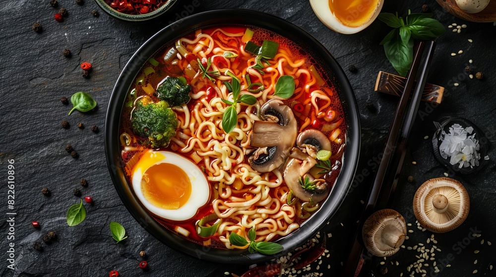 appetizing bowl of ramen soup with noodles mushrooms egg and vegetables top view on black stone table food photography appetizing bowl of ramen soup with noodles mushrooms egg and vegetables top view on black stone table food photography