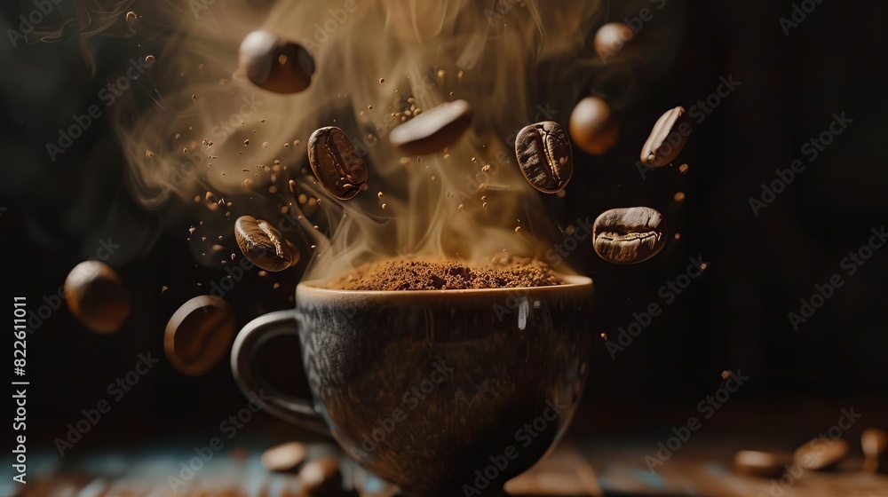 aromatic coffee beans flying out of espresso cup with smoke food photo closeup aromatic coffee beans flying out of espresso cup with smoke food photo closeup