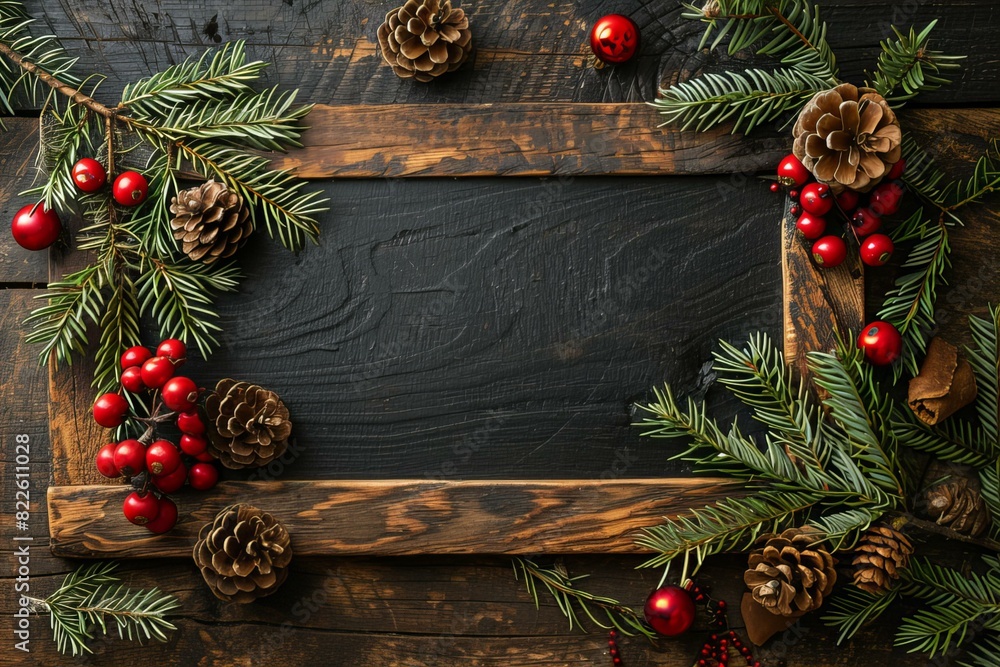 Wooden frame with pine cones and red berries Wooden frame with pine cones and red berries
