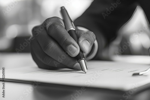 Person writing paper pen desk message task photo