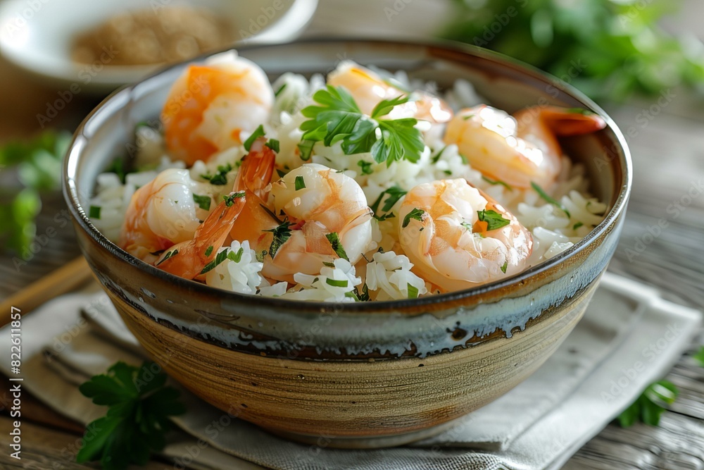 Bowl of rice shrimp parsley Bowl of rice shrimp parsley
