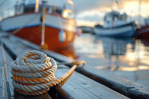 Rope on a boat dock with boats in the background