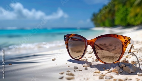 Wallpaper Mural Stylish sunglasses resting on a tropical sandy beach with turquoise waters and palm trees in the background, capturing the essence of a tropical getaway. Torontodigital.ca