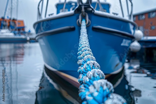 Rope on boat tied to pole in harbor photo