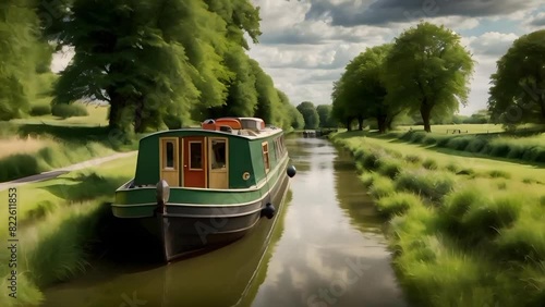 A narrowboat is traveling along a canal surrounded by greenery and trees photo