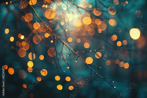 Tree branch with twinkling lights in background photo