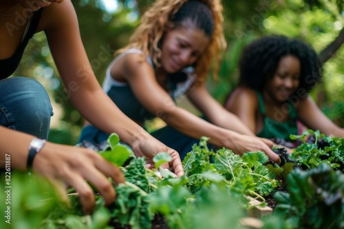 group of diverse women participating in a community garden planting vegetable plants activity.