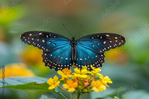 Blue butterfly on yellow flower photo