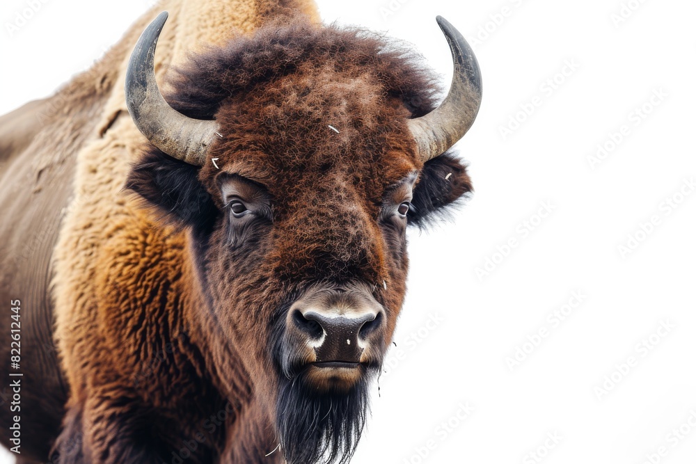 Mystic portrait of American Bison, copy space on right side, Anger, Menacing, Headshot, Close-up View Isolated on white background Mystic portrait of American Bison, copy space on right side, Anger, Menacing, Headshot, Close-up View Isolated on white background