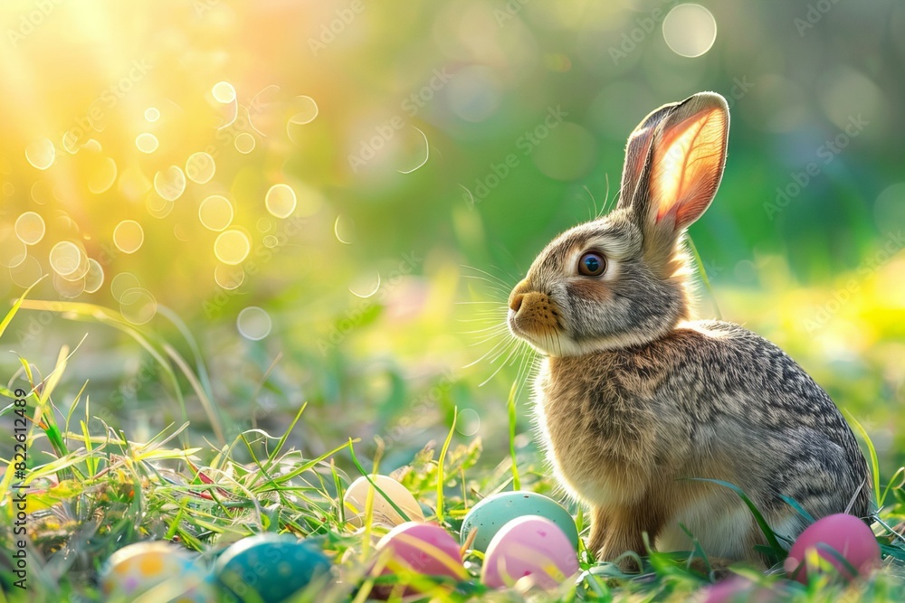 A rabbit sitting grass eggs A rabbit sitting grass eggs