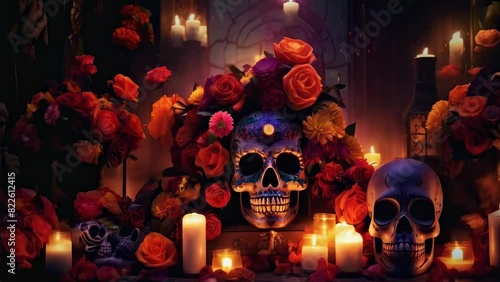 A vibrant Day of the Dead altar featuring colorful flowers, illuminated candles, decorated skulls, and offerings in a festive and commemorative atmosphere, honoring ancestors and loved ones. photo