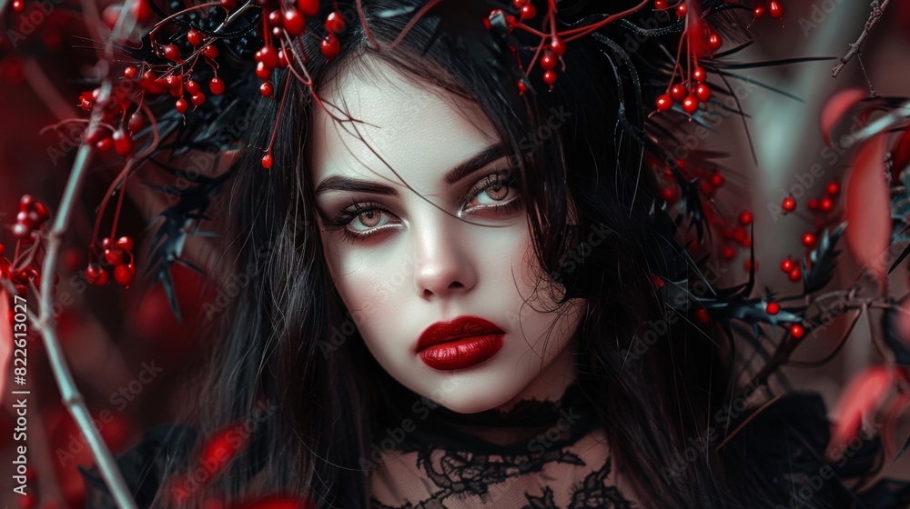 Striking portrait of a gothic woman with dramatic makeup and dark attire. Striking portrait of a gothic woman with dramatic makeup and dark attire.