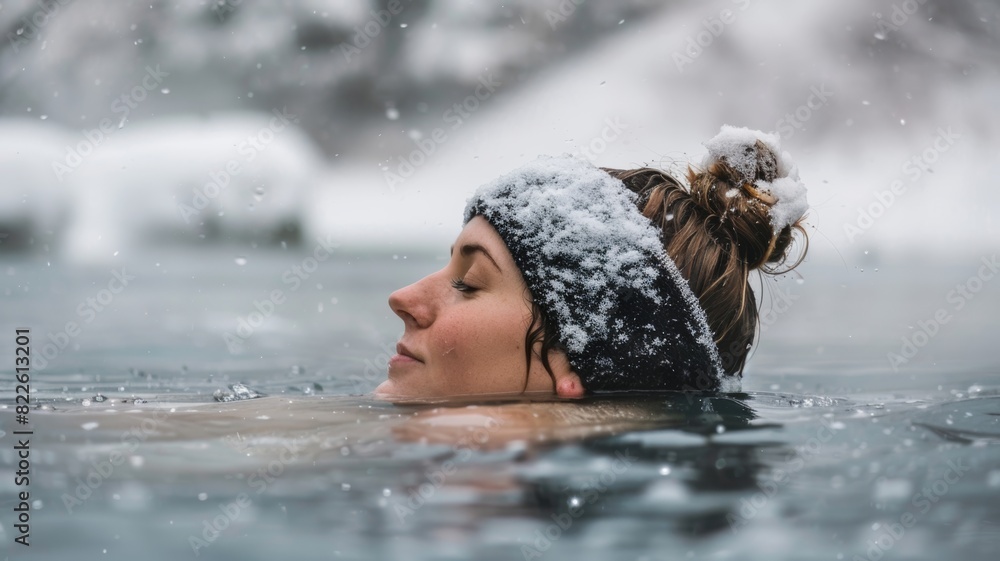 Fototapeta premium Woman sitting in icy lake. Cold plunge.