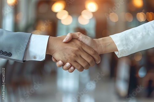 Two people shake hands in a lobby photo