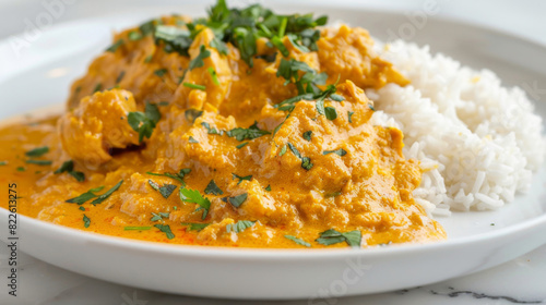 Creamy chicken tikka masala with fresh herb garnish and fluffy basmati rice on a white plate, captured in close-up view