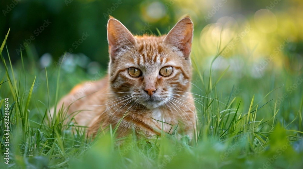 Portrait of a red stray cat with sore eyes sitting in the green grass