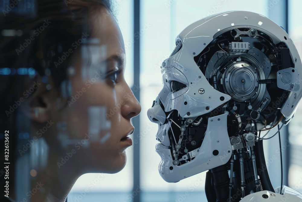 A woman stands by a robot on a street in the city A woman stands by a robot on a street in the city