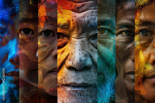 An amalgamated face of various races and ages, illustrating human rights and social harmony, with a bold contrasting color palette photo