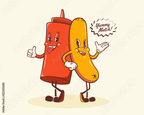 Groovy Hotdog Retro Characters Label. Cartoon Sausage and Ketchup Bottle Walking Smiling Vector Food Mascot Template. Happy Vintage Cool Fast Food Illustration with Typography Isolated photo