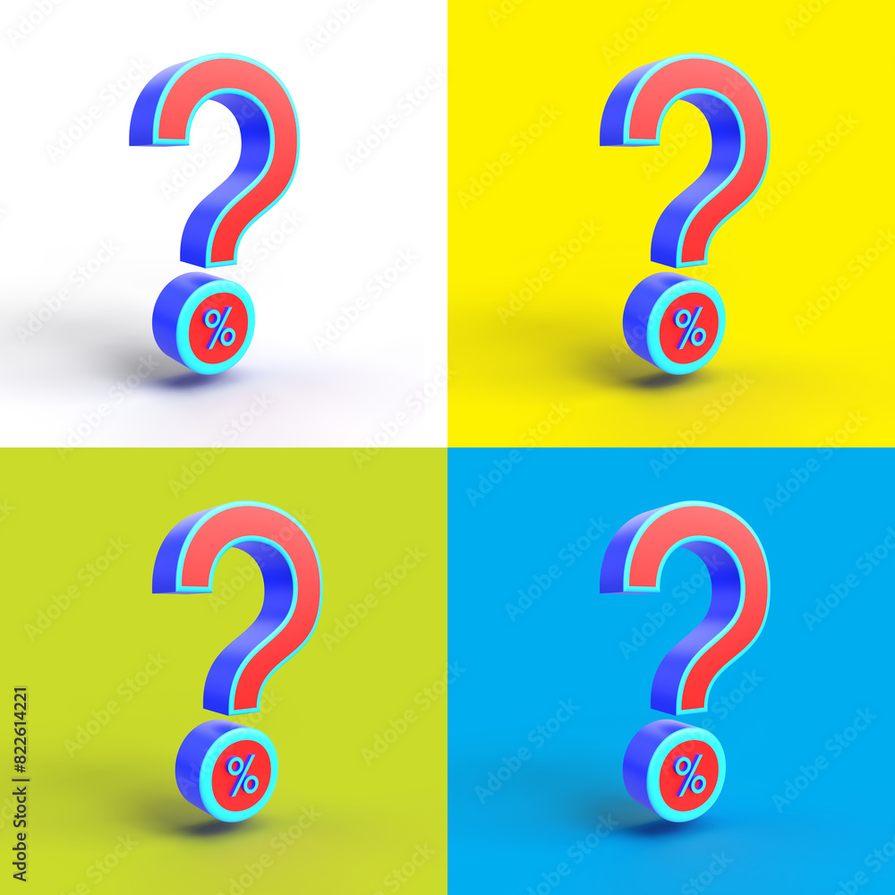 3d rendering question mark and percent symbol. question mark concept on yellow, green, blue background 3d rendering question mark and percent symbol. question mark concept on yellow, green, blue background