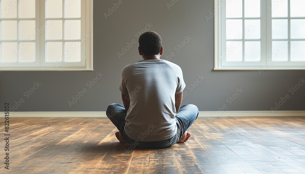 Man sitting cross-legged in empty room Man sitting cross-legged in empty room