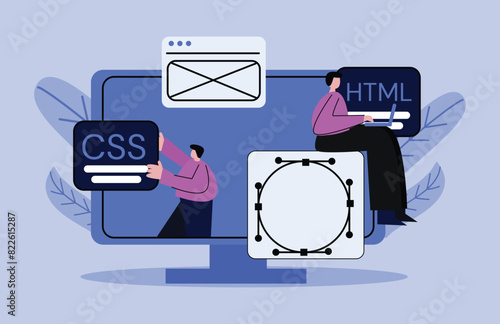 illustrative concept of front end and back end developer teams building or developing a website or application