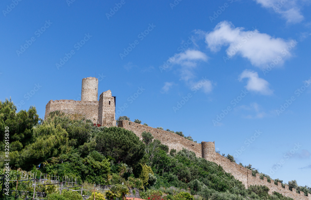 Obraz premium Monte Ursino Castle in the old village of Noli on the Italian Riviera. Noli, Ligury, Italy