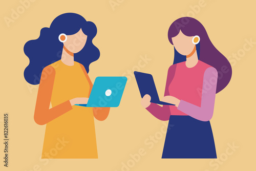 Two women standing side by side, engaged in conversation while using laptops, two women chatting using mobile phones and laptops, Simple and minimalist flat Illustration